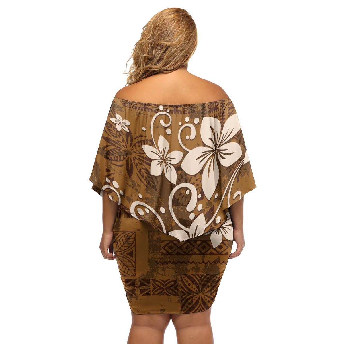 Plumeria Floral Tapa Pattern Vintage Gold Off Shoulder Short Dress LT01 - Polynesian Pride
