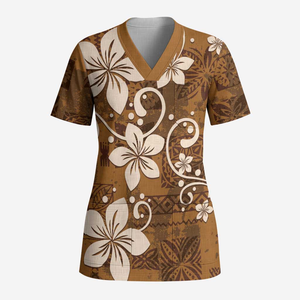 Plumeria Floral Tapa Pattern Vintage Gold Scrub Top - Polynesian Pride