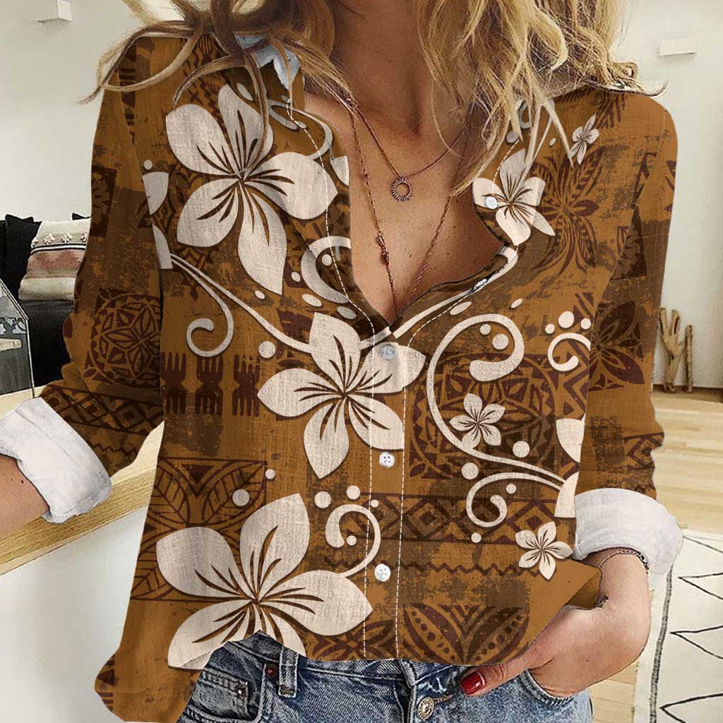 Plumeria Floral Tapa Pattern Vintage Gold Women Casual Shirt