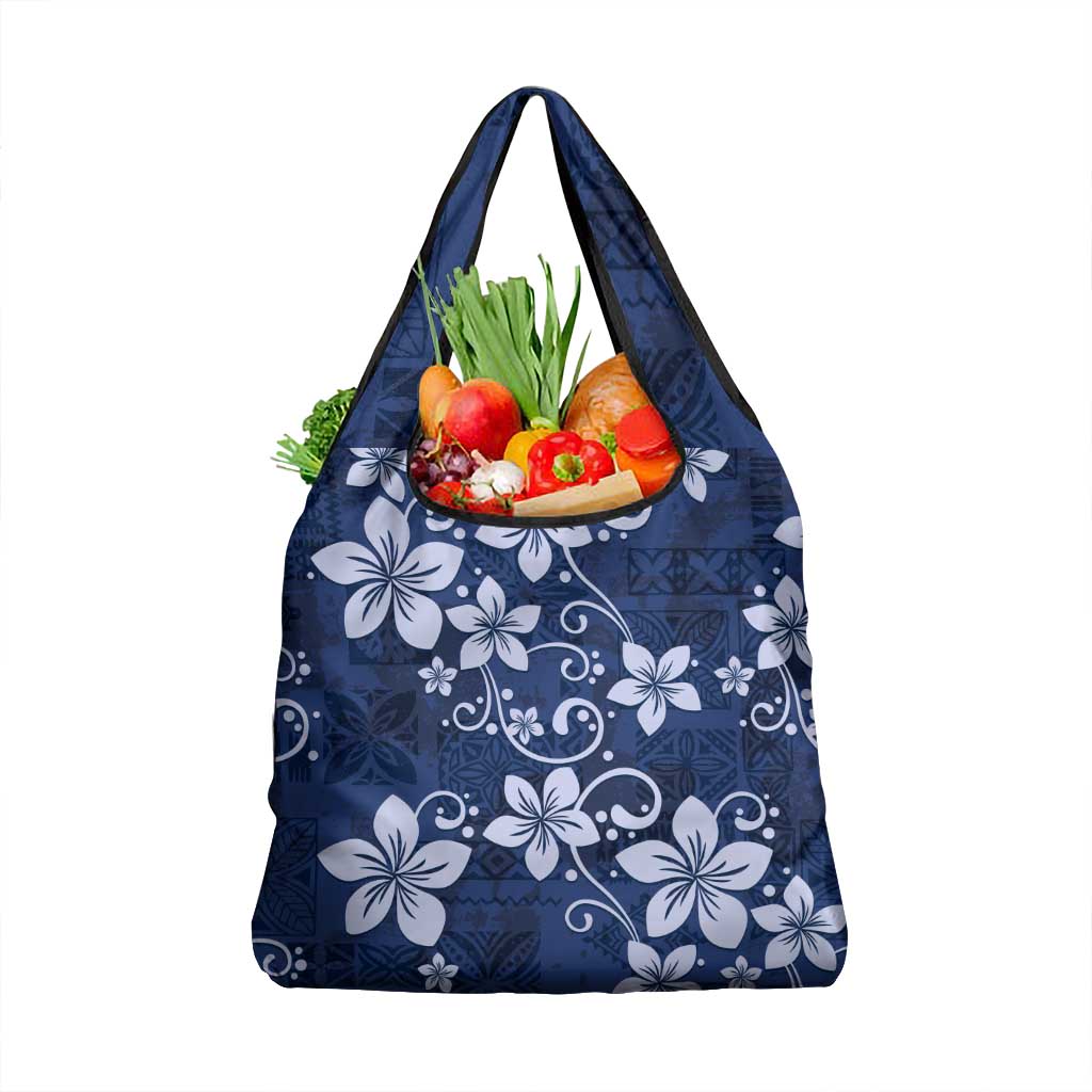 Plumeria Floral Tapa Pattern Navy Blue Grocery Bag