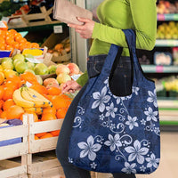 Plumeria Floral Tapa Pattern Navy Blue Grocery Bag