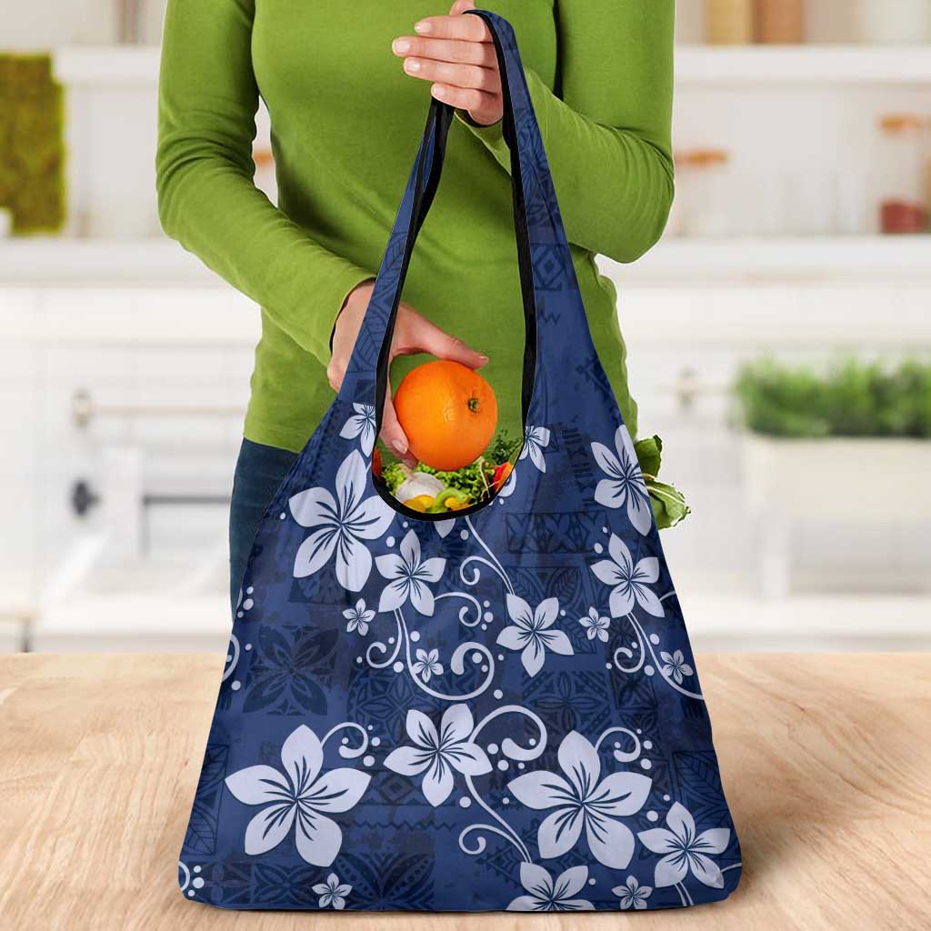 Plumeria Floral Tapa Pattern Navy Blue Grocery Bag