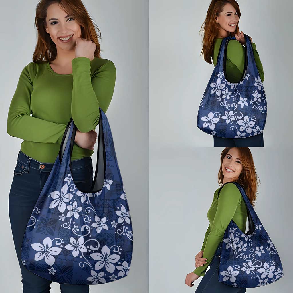 Plumeria Floral Tapa Pattern Navy Blue Grocery Bag