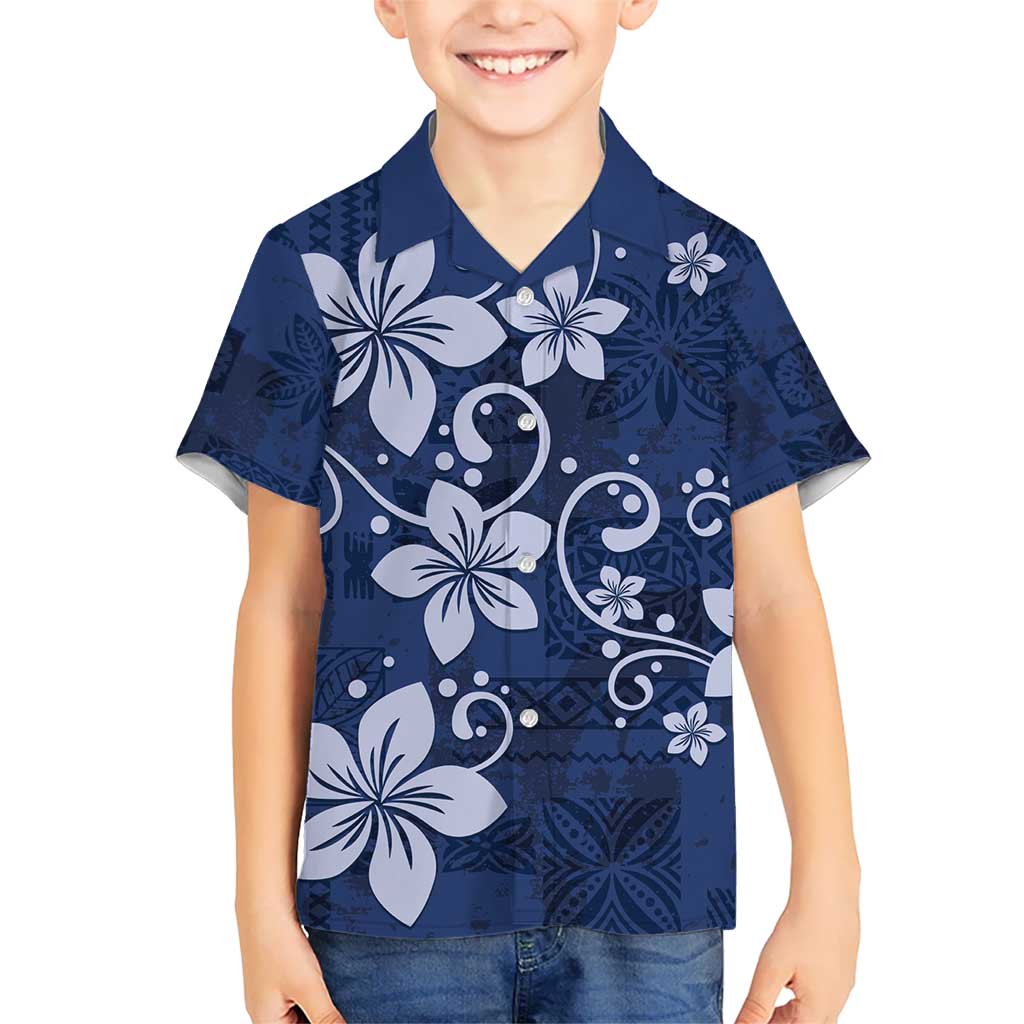 Plumeria Floral Tapa Pattern Navy Blue Kid Hawaiian Shirt LT01 Kid Blue - Polynesian Pride