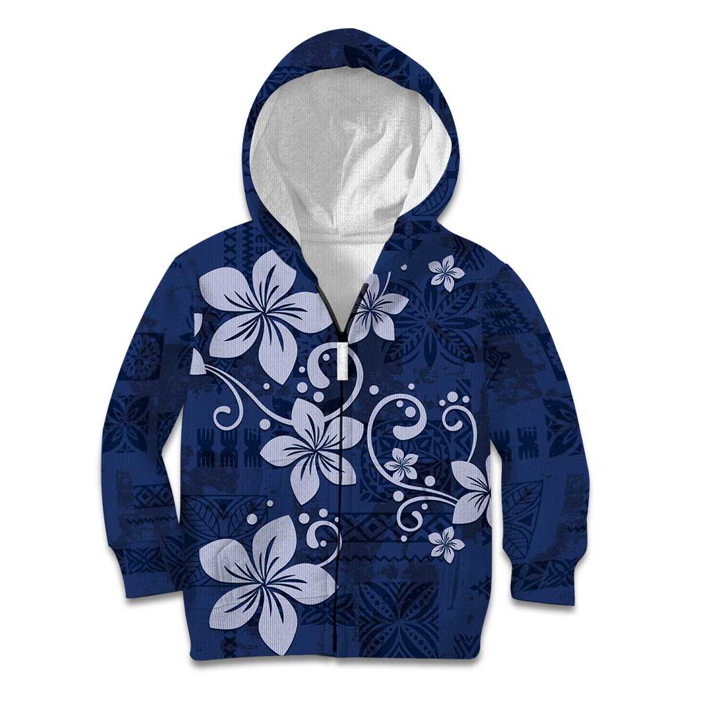 Plumeria Floral Tapa Pattern Navy Blue Kid Hoodie LT01 Zip Hoodie Blue - Polynesian Pride