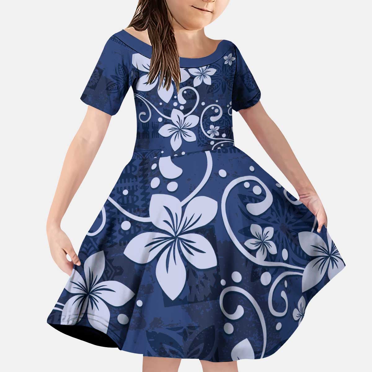 Plumeria Floral Tapa Pattern Navy Blue Kid Short Sleeve Dress LT01 KID Blue - Polynesian Pride