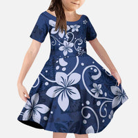 Plumeria Floral Tapa Pattern Navy Blue Kid Short Sleeve Dress LT01 KID Blue - Polynesian Pride