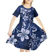Plumeria Floral Tapa Pattern Navy Blue Kid Short Sleeve Dress LT01 - Polynesian Pride