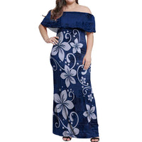 Plumeria Floral Tapa Pattern Navy Blue Off Shoulder Maxi Dress LT01 Women Blue - Polynesian Pride