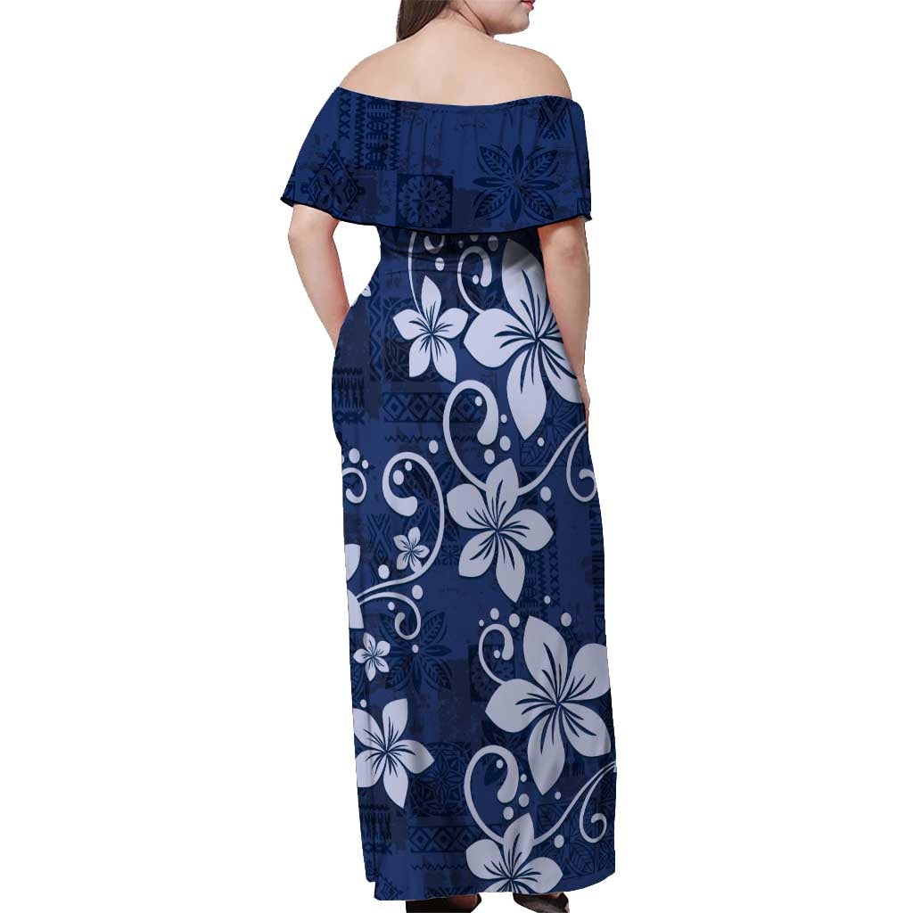 Plumeria Floral Tapa Pattern Navy Blue Off Shoulder Maxi Dress LT01 - Polynesian Pride
