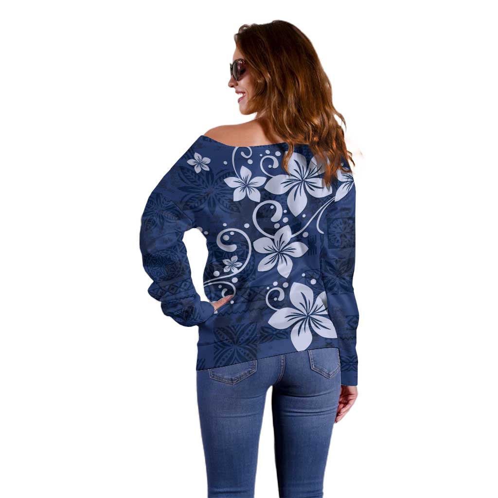 Plumeria Floral Tapa Pattern Navy Blue Off Shoulder Sweater
