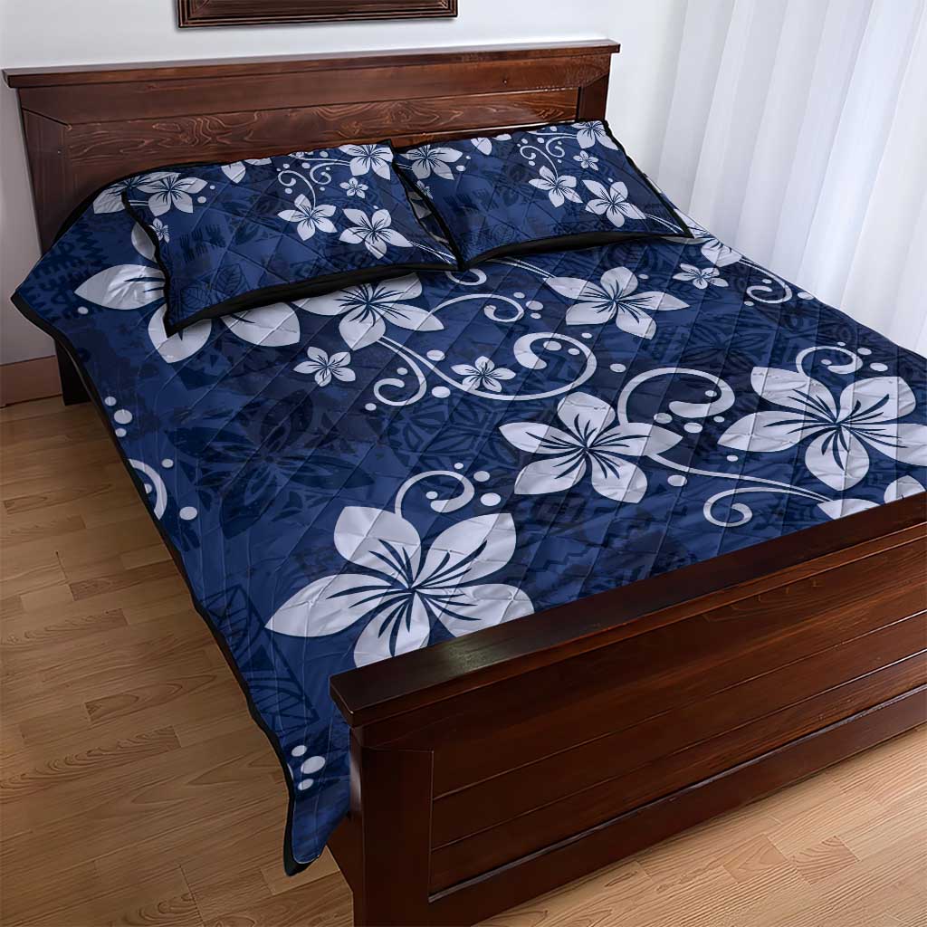 Plumeria Floral Tapa Pattern Navy Blue Quilt Bed Set