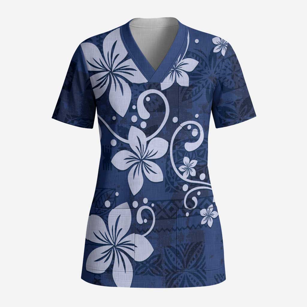 Plumeria Floral Tapa Pattern Navy Blue Scrub Top - Polynesian Pride
