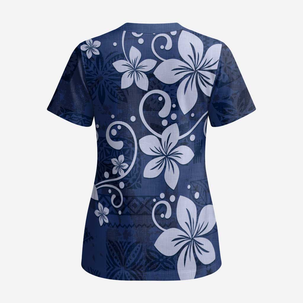 Plumeria Floral Tapa Pattern Navy Blue Scrub Top - Polynesian Pride