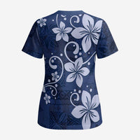 Plumeria Floral Tapa Pattern Navy Blue Scrub Top - Polynesian Pride