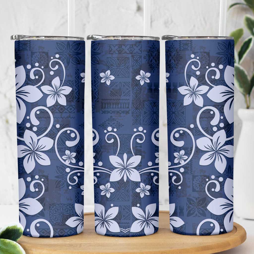 Plumeria Floral Tapa Pattern Navy Blue Skinny Tumbler