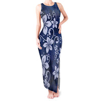 Plumeria Floral Tapa Pattern Navy Blue Tank Maxi Dress