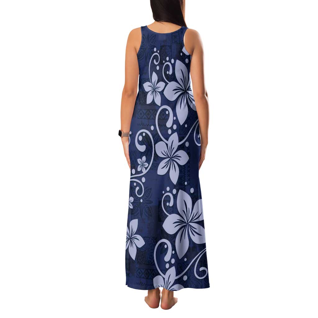 Plumeria Floral Tapa Pattern Navy Blue Tank Maxi Dress
