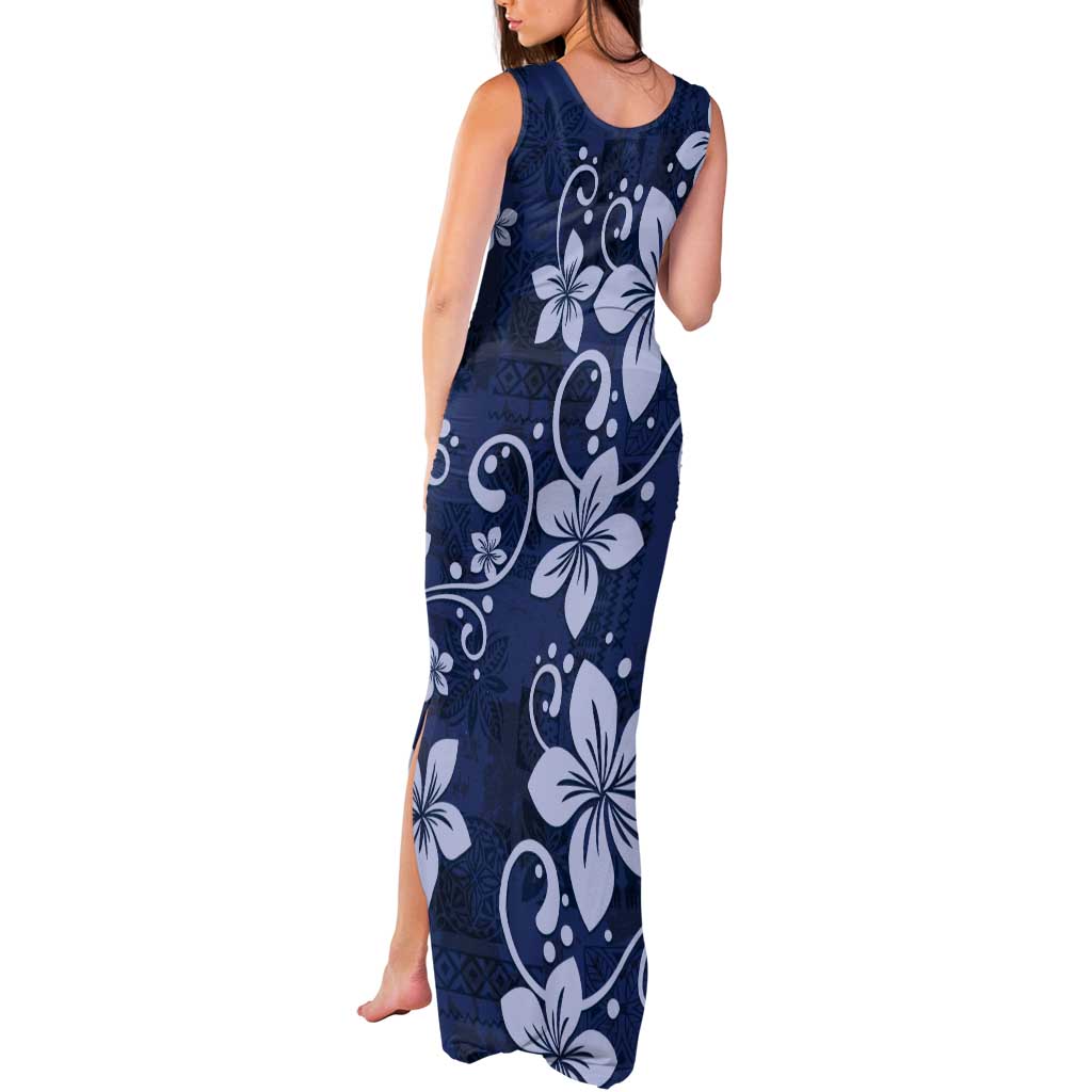 Plumeria Floral Tapa Pattern Navy Blue Tank Maxi Dress