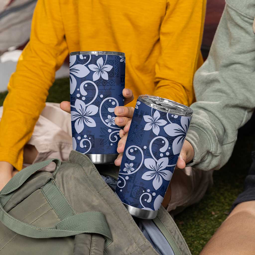 Plumeria Floral Tapa Pattern Navy Blue Tumbler Cup