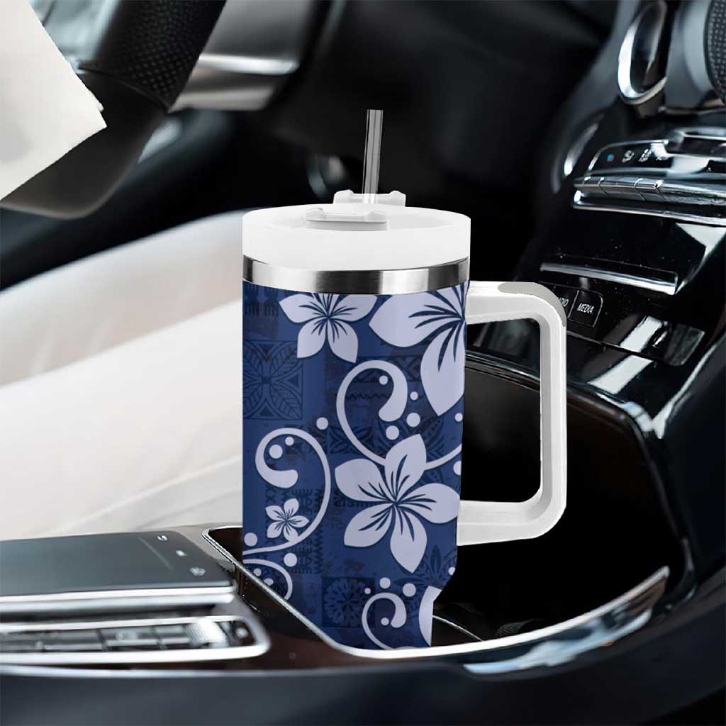 Plumeria Floral Tapa Pattern Navy Blue Tumbler With Handle