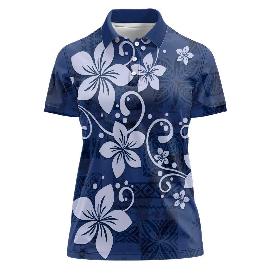 Plumeria Floral Tapa Pattern Navy Blue Women Polo Shirt LT01 Female Blue - Polynesian Pride