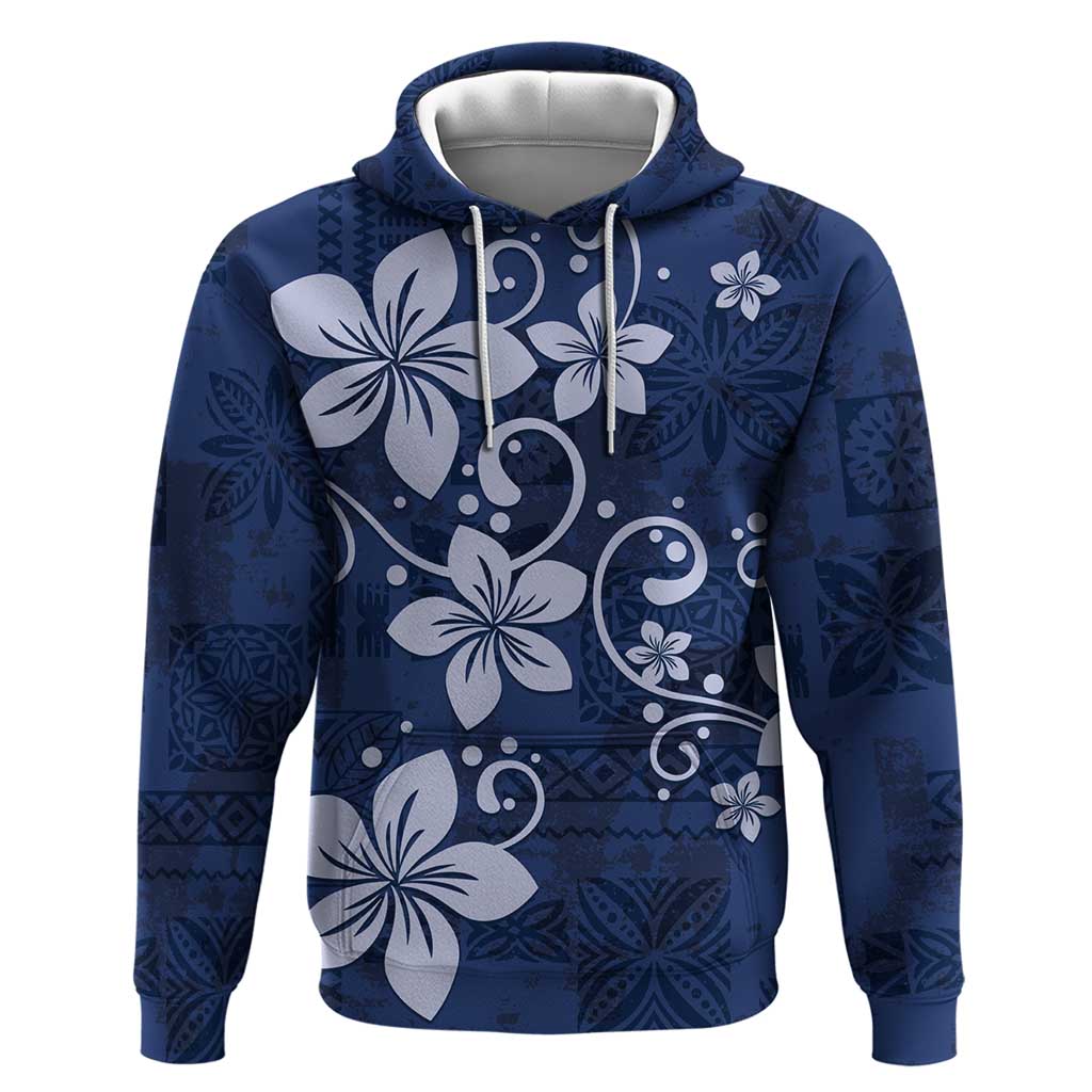 Plumeria Floral Tapa Pattern Navy Blue Zip Hoodie