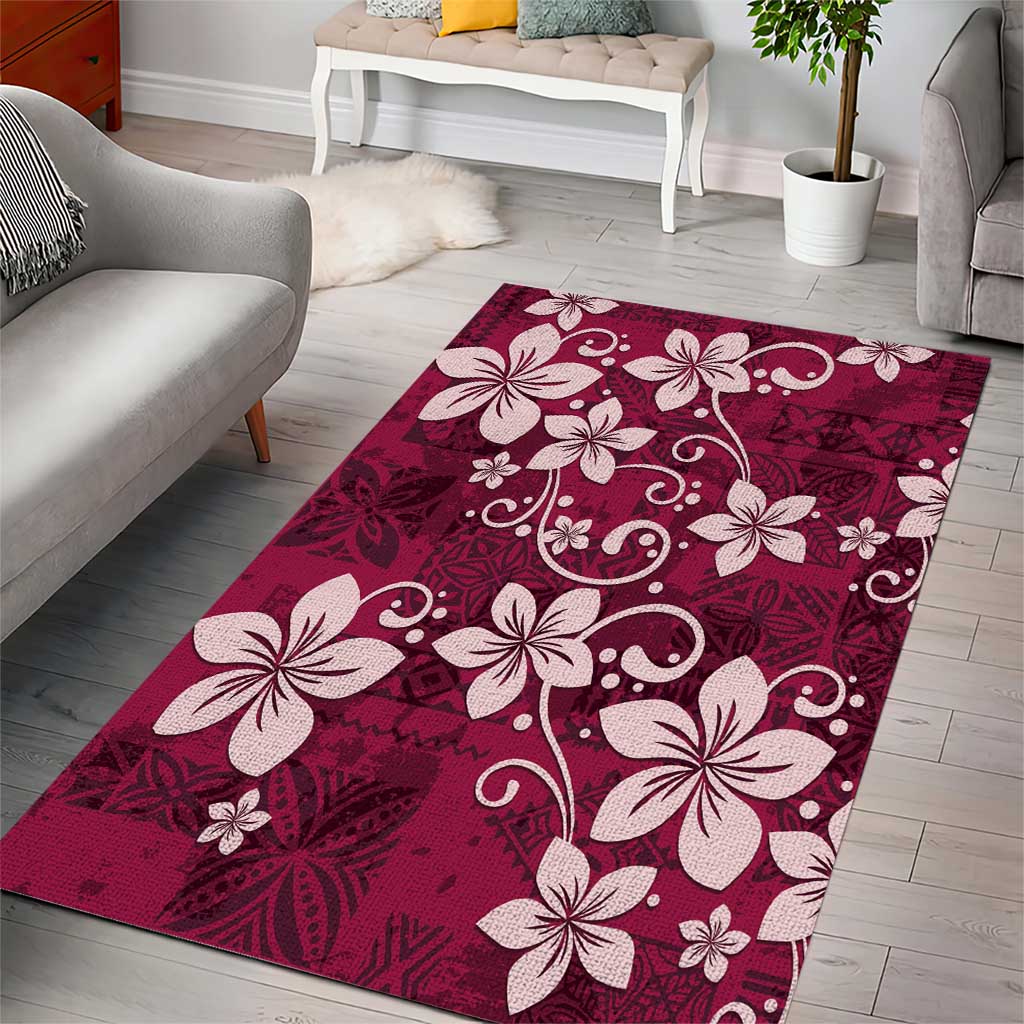 Plumeria Floral Tapa Pattern Ruby Pink Area Rug