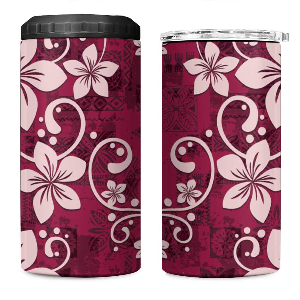 Plumeria Floral Tapa Pattern Ruby Pink 4 in 1 Can Cooler Tumbler