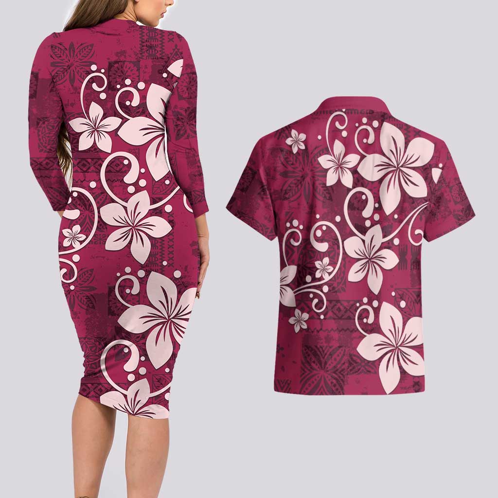 Plumeria Floral Tapa Pattern Ruby Pink Couples Matching Long Sleeve Bodycon Dress and Hawaiian Shirt