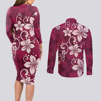 Plumeria Floral Tapa Pattern Ruby Pink Couples Matching Long Sleeve Bodycon Dress and Long Sleeve Button Shirt LT01 - Polynesian Pride