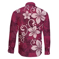 Plumeria Floral Tapa Pattern Ruby Pink Family Matching Long Sleeve Bodycon Dress and Hawaiian Shirt
