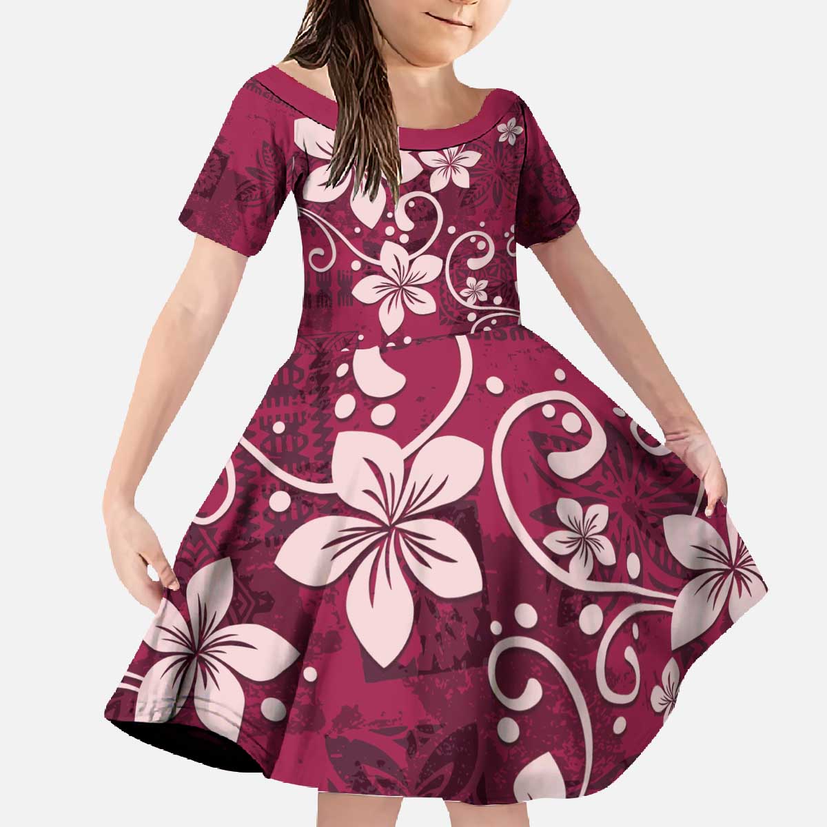 Plumeria Floral Tapa Pattern Ruby Pink Family Matching Off The Shoulder Long Sleeve Dress and Hawaiian Shirt