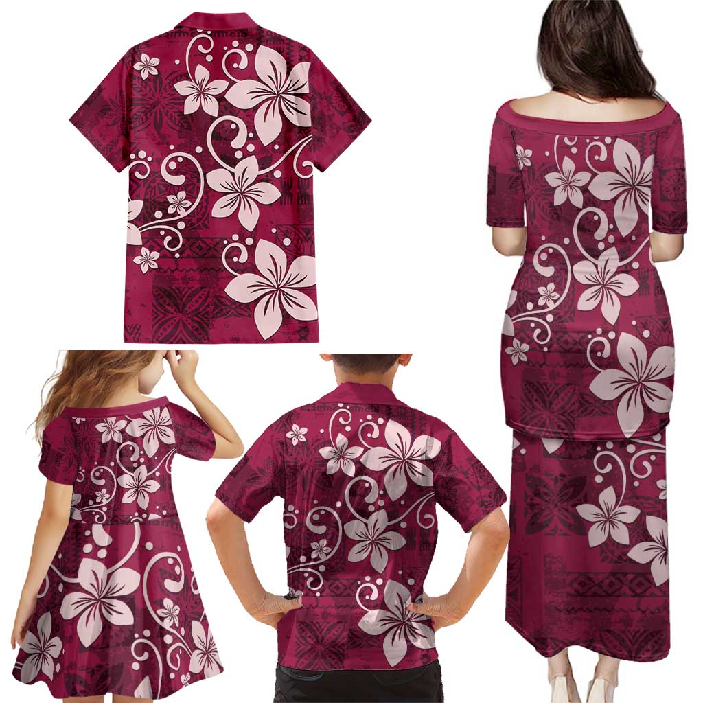 Plumeria Floral Tapa Pattern Ruby Pink Family Matching Puletasi and Hawaiian Shirt