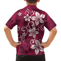 Plumeria Floral Tapa Pattern Ruby Pink Family Matching Short Sleeve Bodycon Dress and Hawaiian Shirt