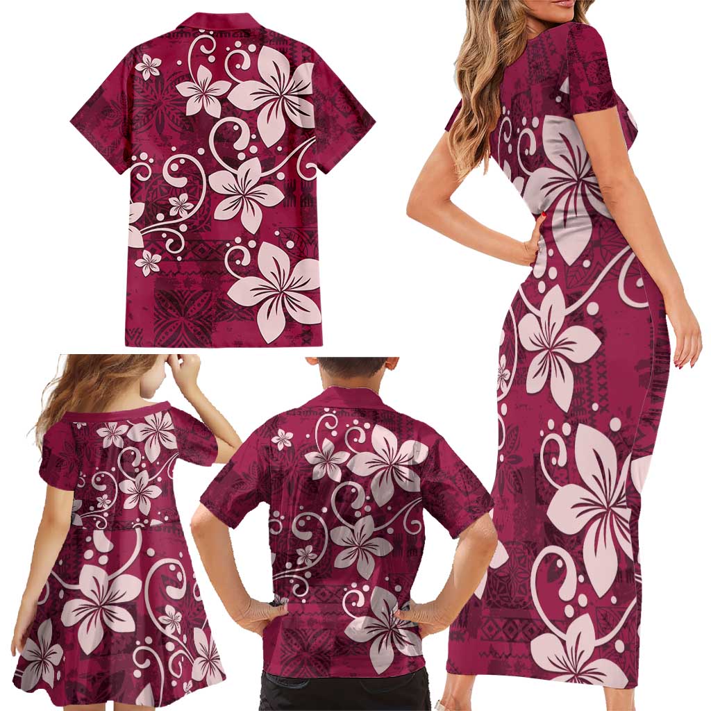 Plumeria Floral Tapa Pattern Ruby Pink Family Matching Short Sleeve Bodycon Dress and Hawaiian Shirt