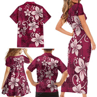 Plumeria Floral Tapa Pattern Ruby Pink Family Matching Short Sleeve Bodycon Dress and Hawaiian Shirt