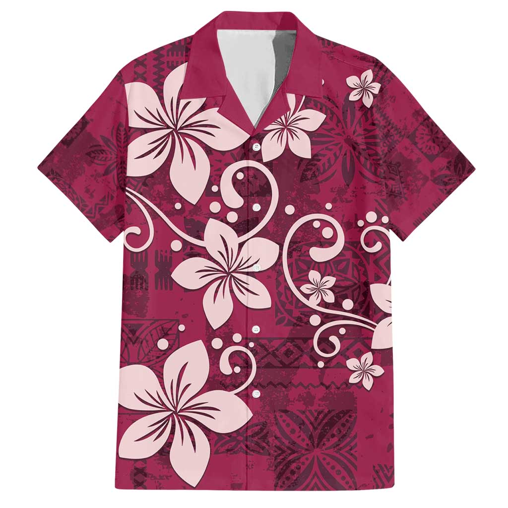 Plumeria Floral Tapa Pattern Ruby Pink Family Matching Short Sleeve Bodycon Dress and Hawaiian Shirt