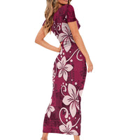Plumeria Floral Tapa Pattern Ruby Pink Family Matching Short Sleeve Bodycon Dress and Hawaiian Shirt