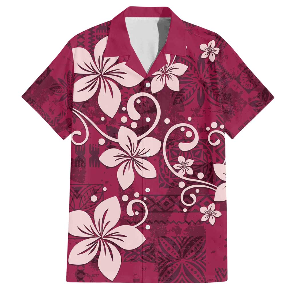 Plumeria Floral Tapa Pattern Ruby Pink Family Matching Summer Maxi Dress and Hawaiian Shirt