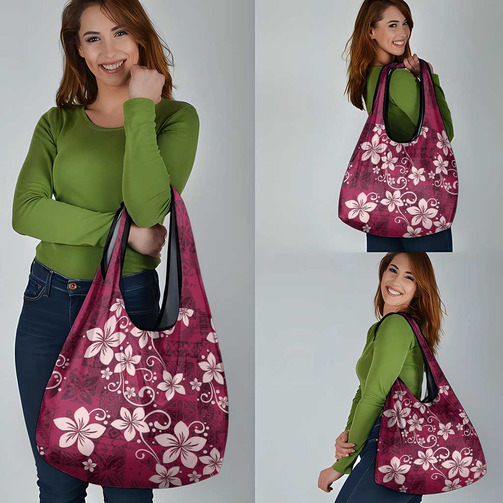 Plumeria Floral Tapa Pattern Ruby Pink Grocery Bag