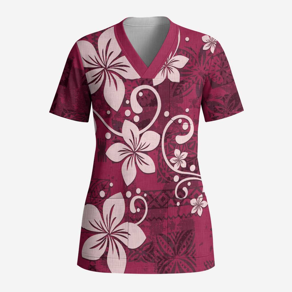 Plumeria Floral Tapa Pattern Ruby Pink Scrub Top - Polynesian Pride