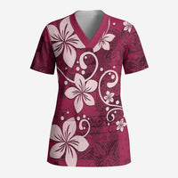 Plumeria Floral Tapa Pattern Ruby Pink Scrub Top - Polynesian Pride
