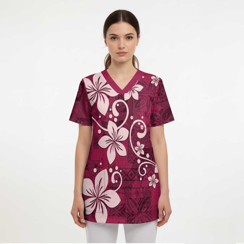 Plumeria Floral Tapa Pattern Ruby Pink Scrub Top - Polynesian Pride