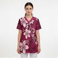 Plumeria Floral Tapa Pattern Ruby Pink Scrub Top - Polynesian Pride