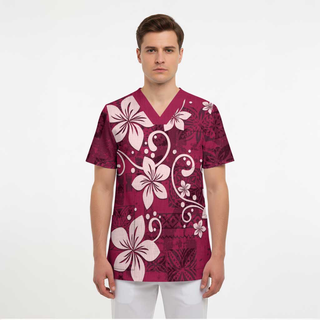 Plumeria Floral Tapa Pattern Ruby Pink Scrub Top - Polynesian Pride