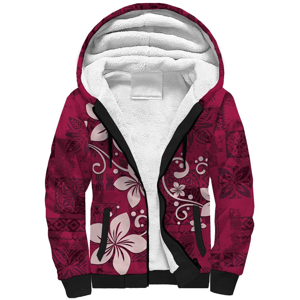 Plumeria Floral Tapa Pattern Ruby Pink Sherpa Hoodie