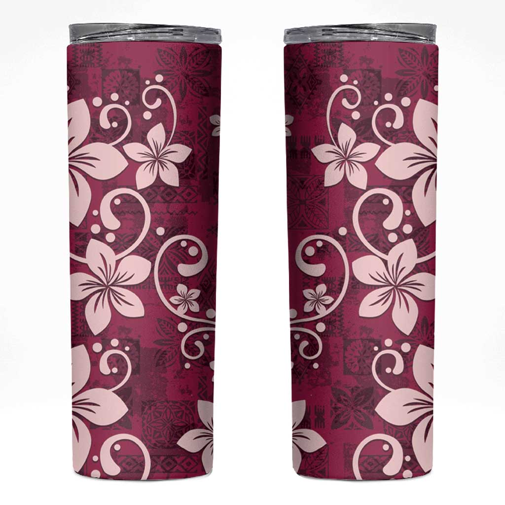Plumeria Floral Tapa Pattern Ruby Pink Skinny Tumbler