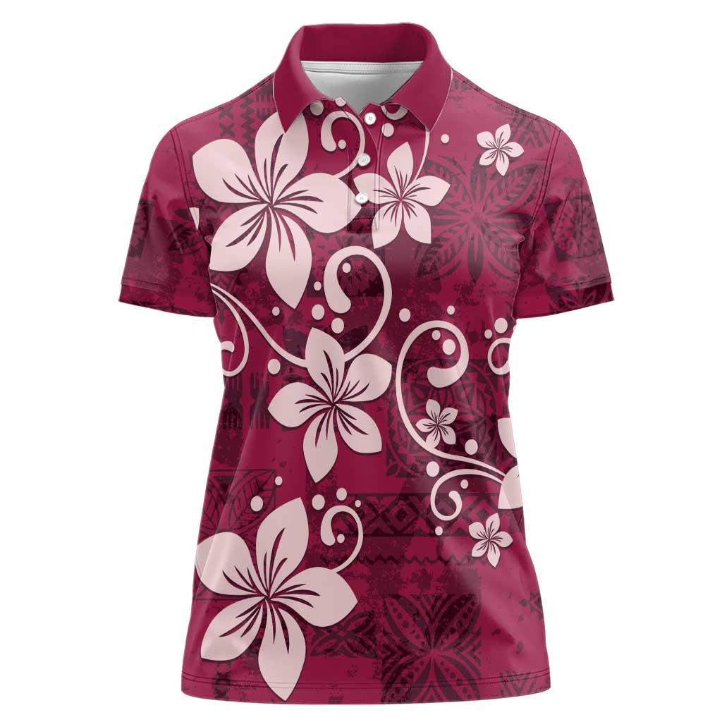 Plumeria Floral Tapa Pattern Ruby Pink Women Polo Shirt LT01 Female Pink - Polynesian Pride