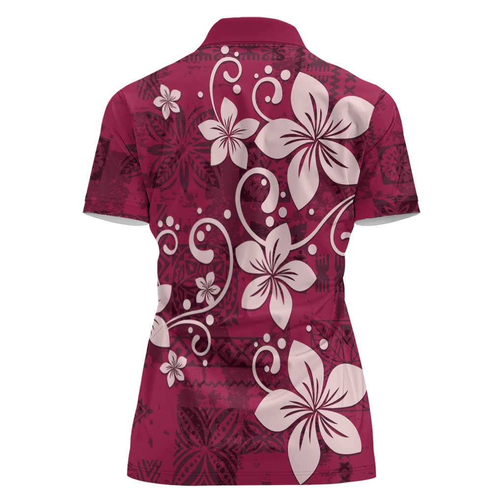 Plumeria Floral Tapa Pattern Ruby Pink Women Polo Shirt LT01 - Polynesian Pride